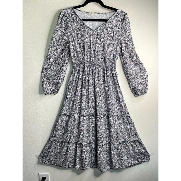 Indigo Rose Floral Midi Dress Long Sleeve Tie Front Layered Elastic Waist Sz S - Picture 9 of 16